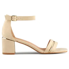 Beige women's low-heeled sandals with ankle fastening