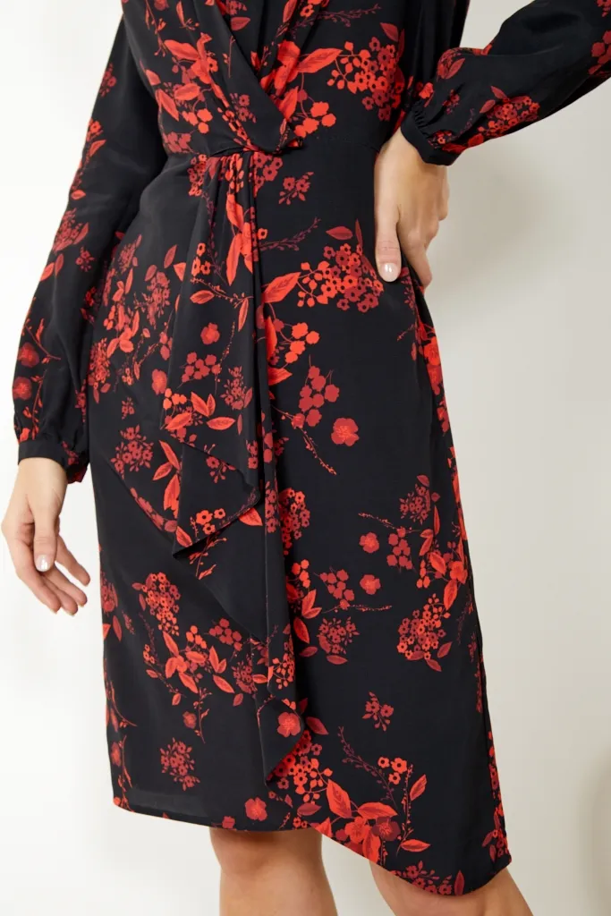 Black & Red Floral Print Ruched Faux Wrap Dress 