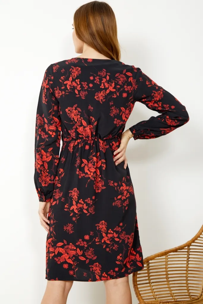 Black & Red Floral Print Ruched Faux Wrap Dress 