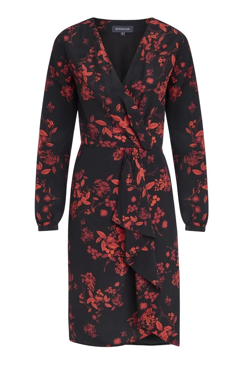 Black & Red Floral Print Ruched Faux Wrap Dress 