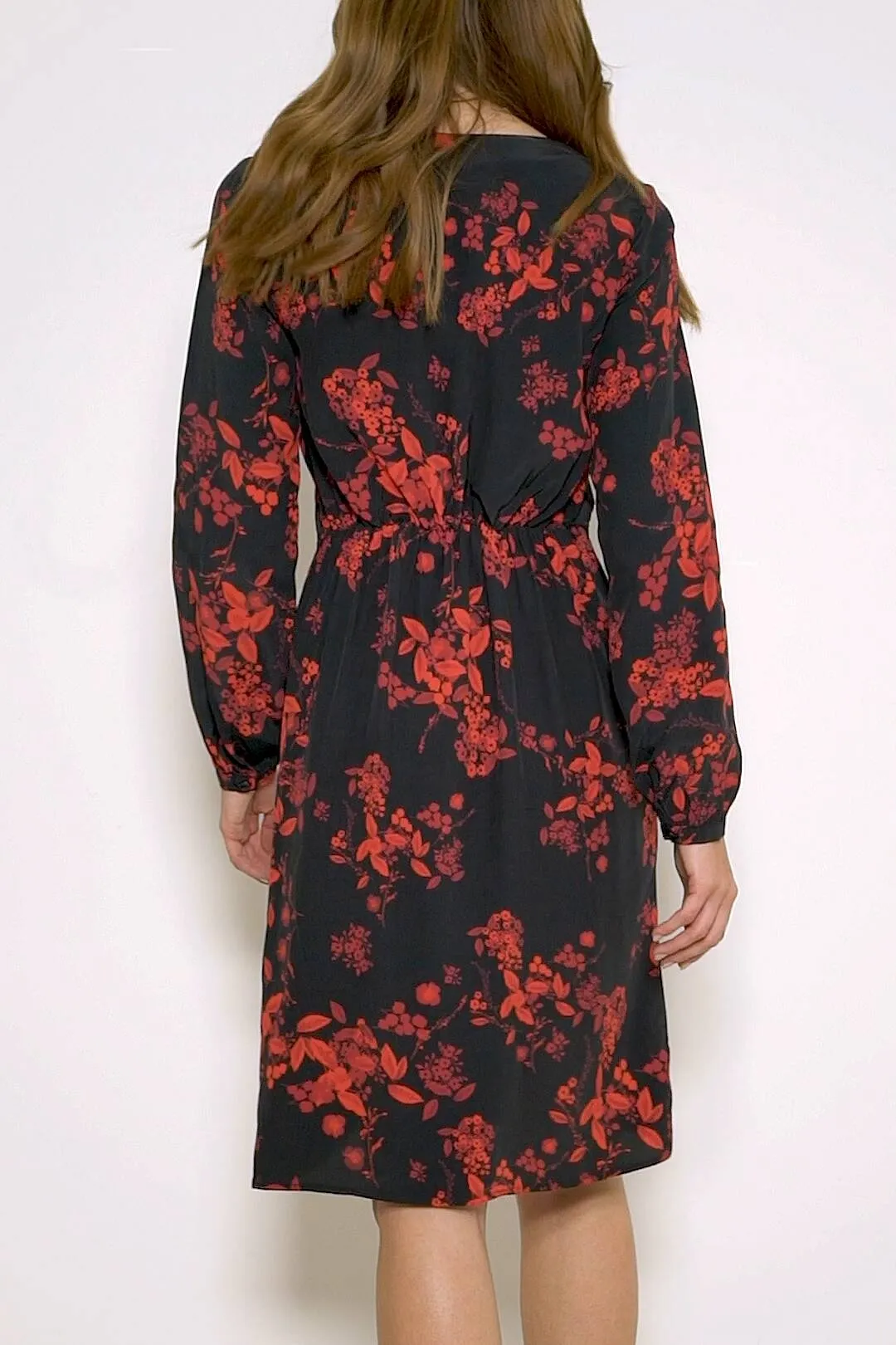 Black & Red Floral Print Ruched Faux Wrap Dress 