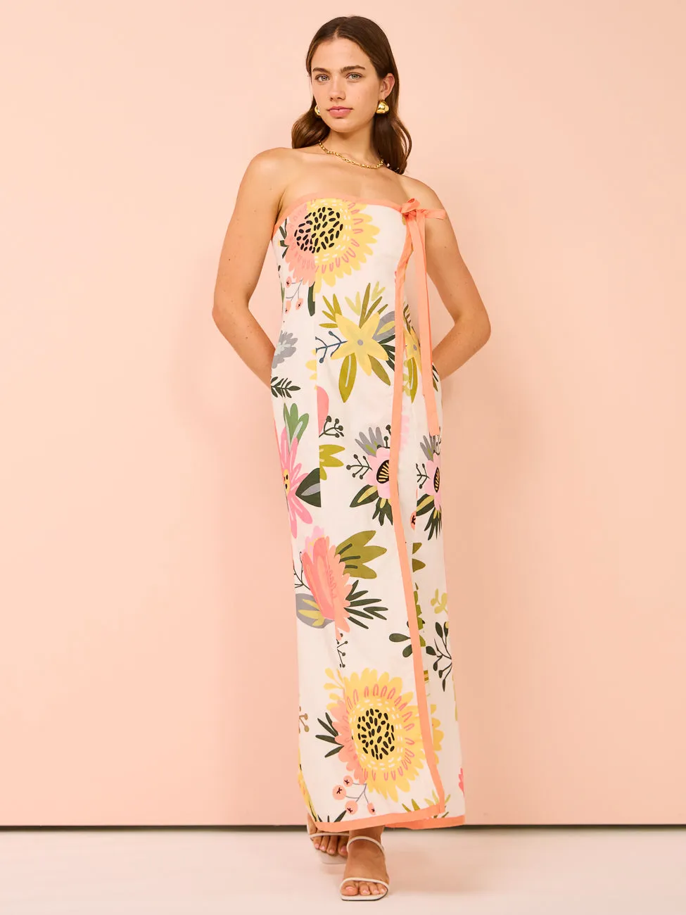 By Nicola Claudia Strapless Wrap Maxi Dress in Potpourri/Melon