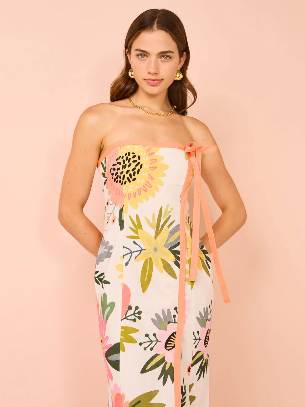 By Nicola Claudia Strapless Wrap Maxi Dress in Potpourri/Melon