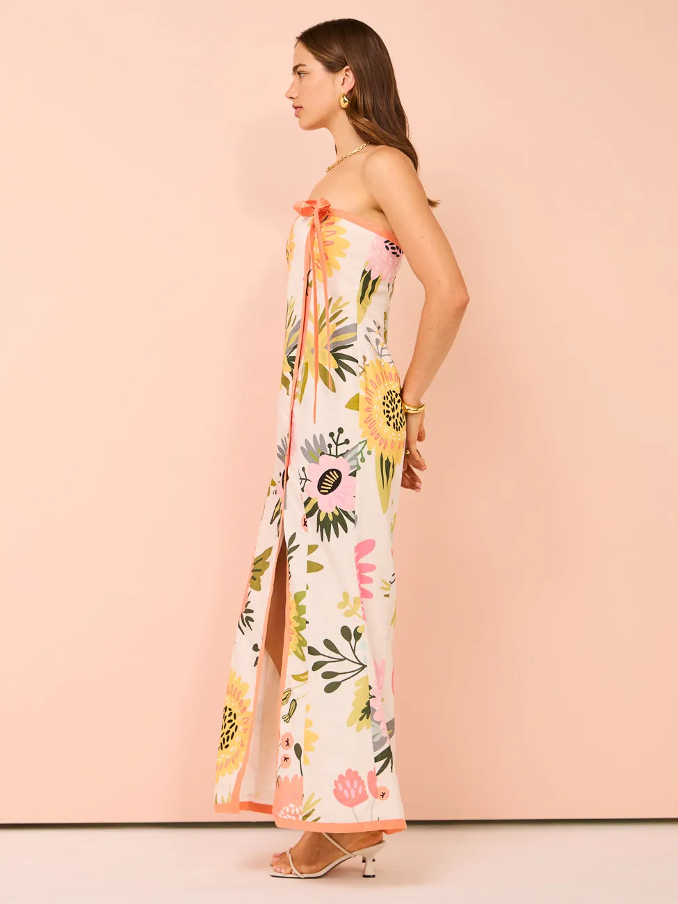 By Nicola Claudia Strapless Wrap Maxi Dress in Potpourri/Melon