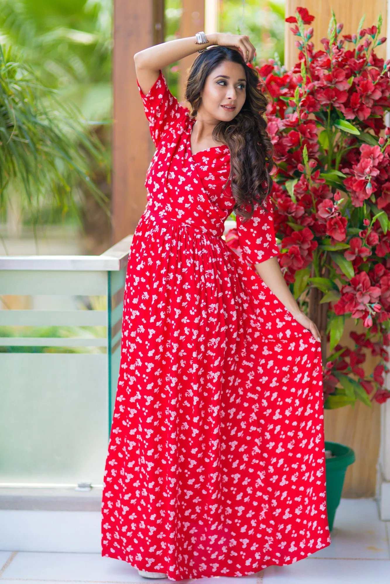 Chic Red Floral Maternity & Nursing Wrap Dress