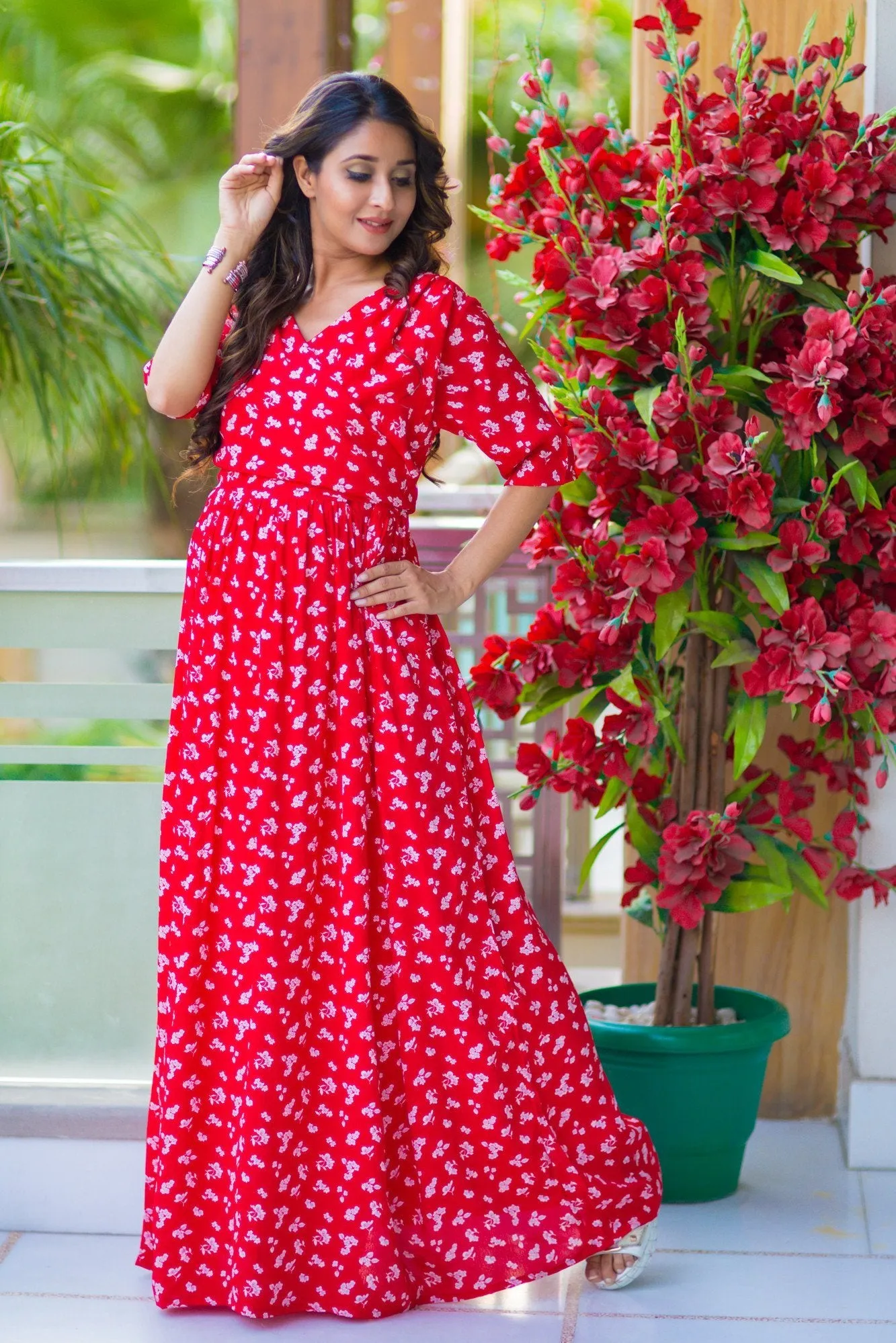 Chic Red Floral Maternity & Nursing Wrap Dress