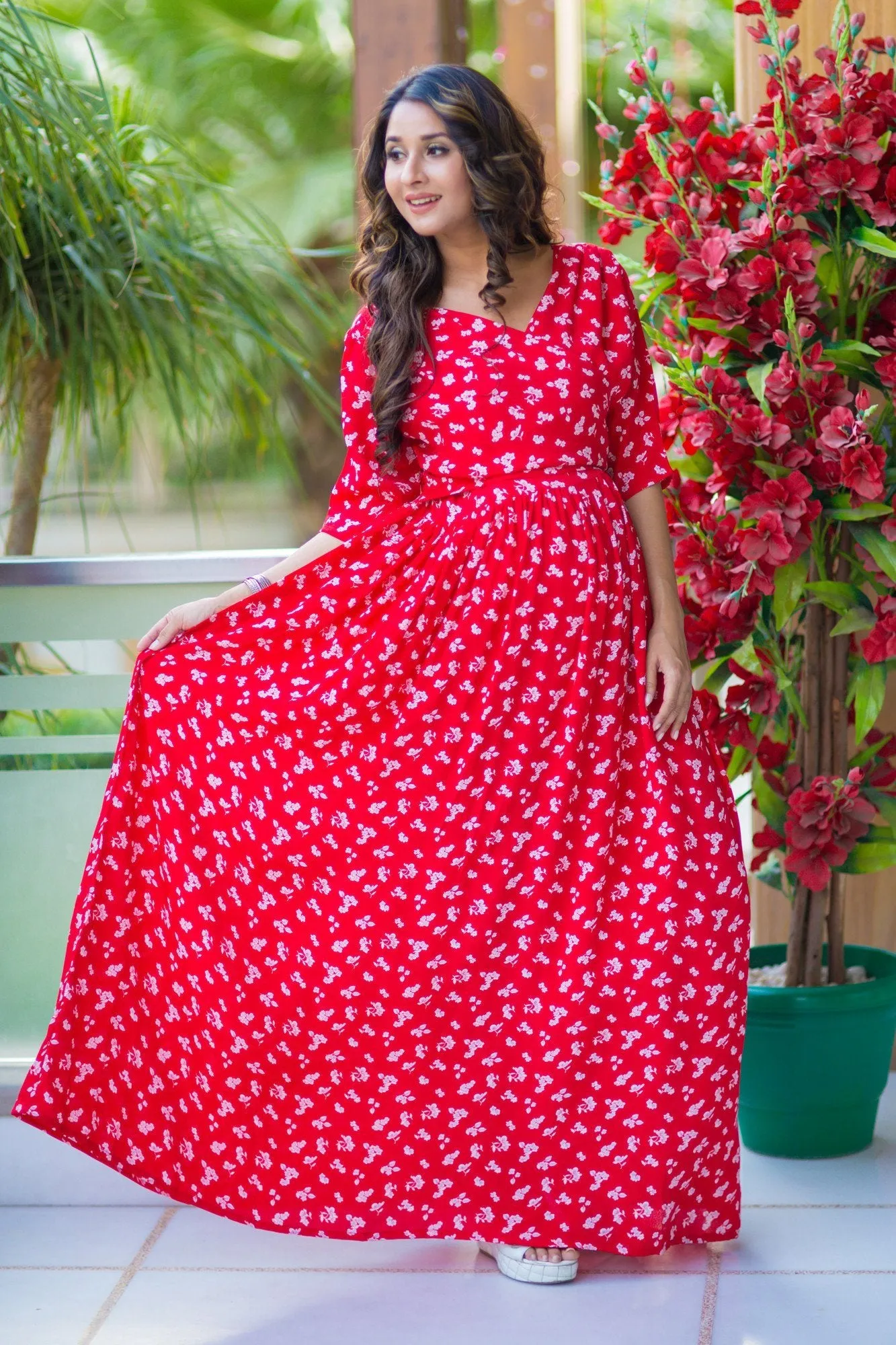 Chic Red Floral Maternity & Nursing Wrap Dress