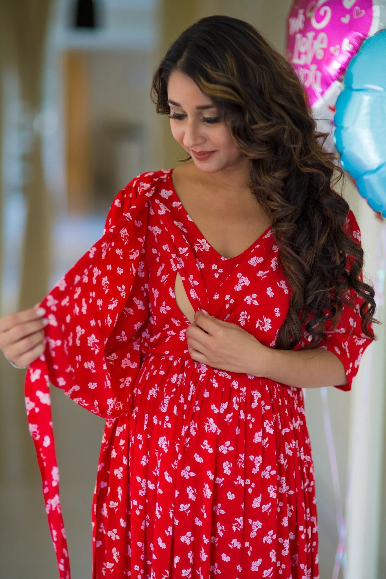 Chic Red Floral Maternity & Nursing Wrap Dress