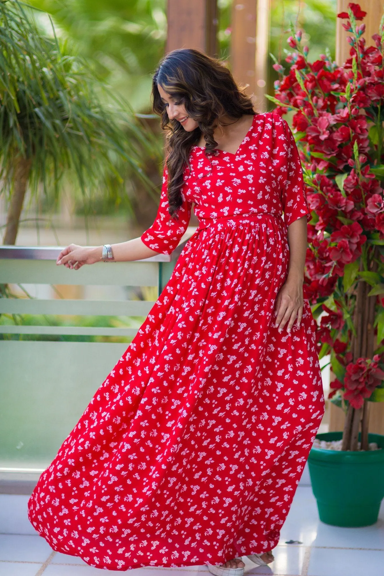 Chic Red Floral Maternity & Nursing Wrap Dress