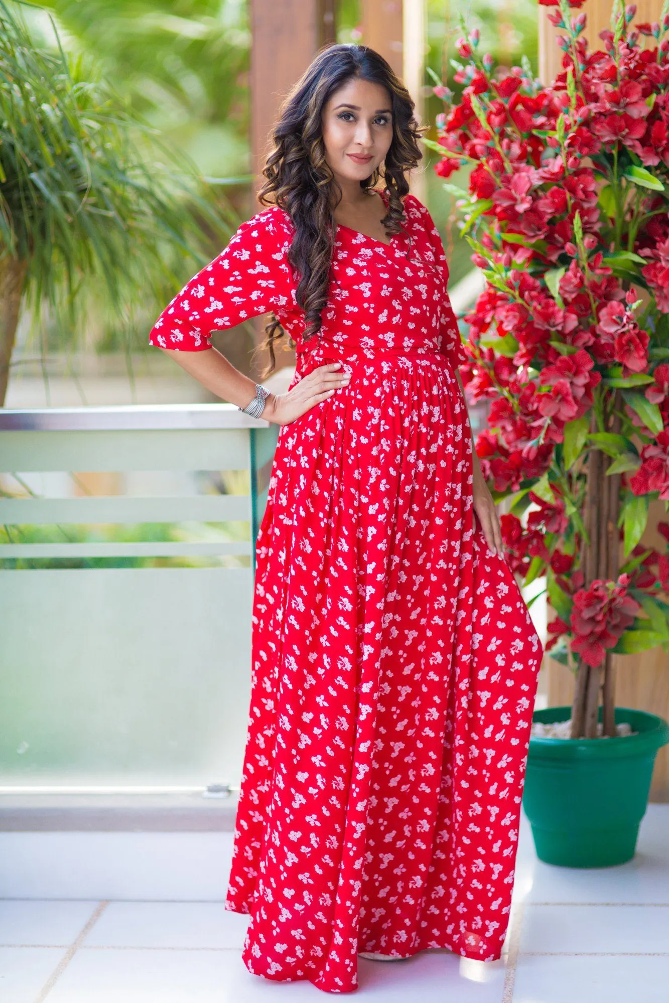 Chic Red Floral Maternity & Nursing Wrap Dress