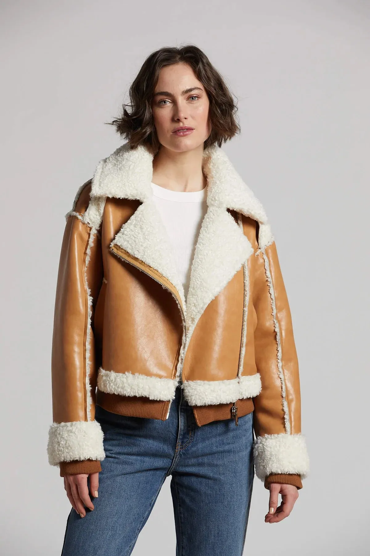 Clayton Faux Shearling Moto Jacket - Camel