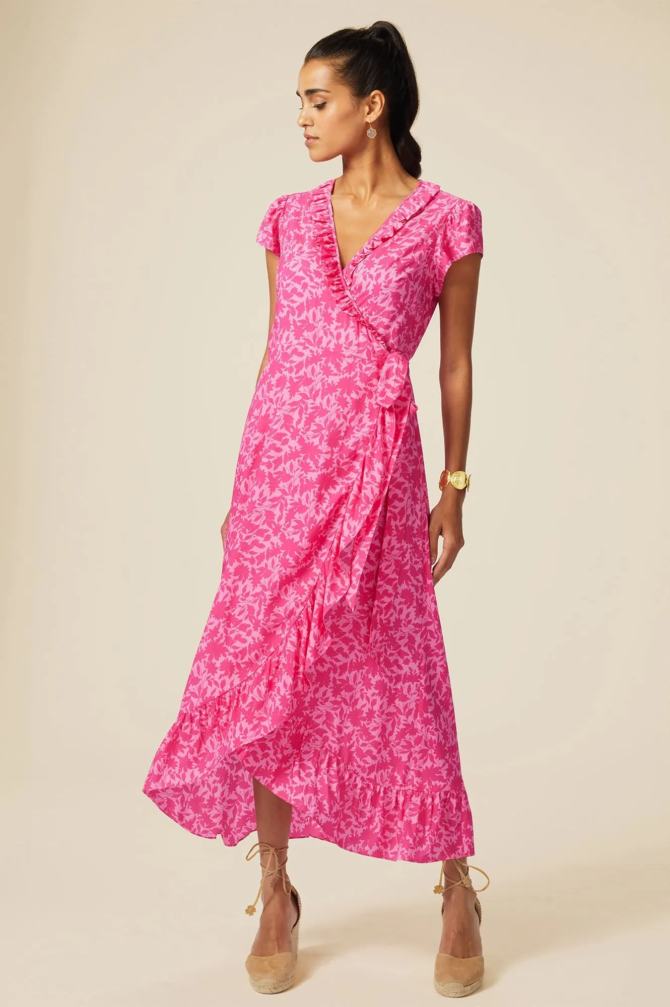 Demi EcoVero Wrap Dress | Clematis Vines Mono Pink/Pink