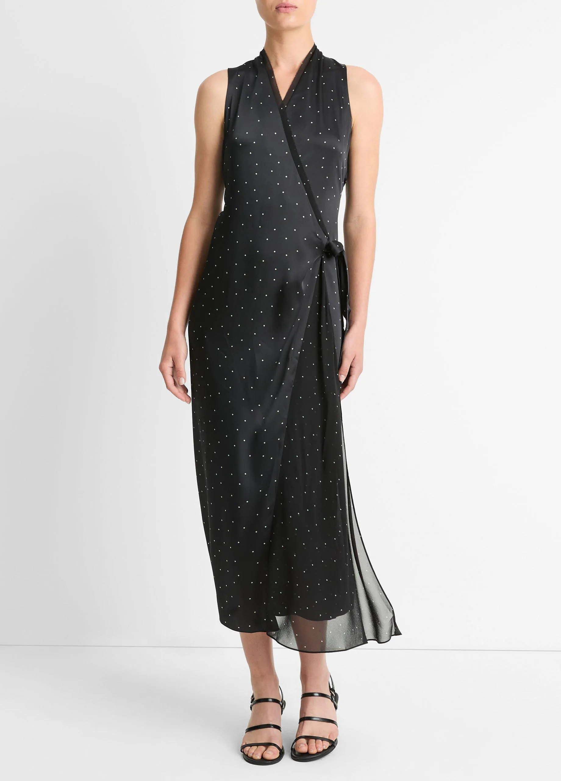 Dot-Print Paneled-Chiffon Wrap Dress