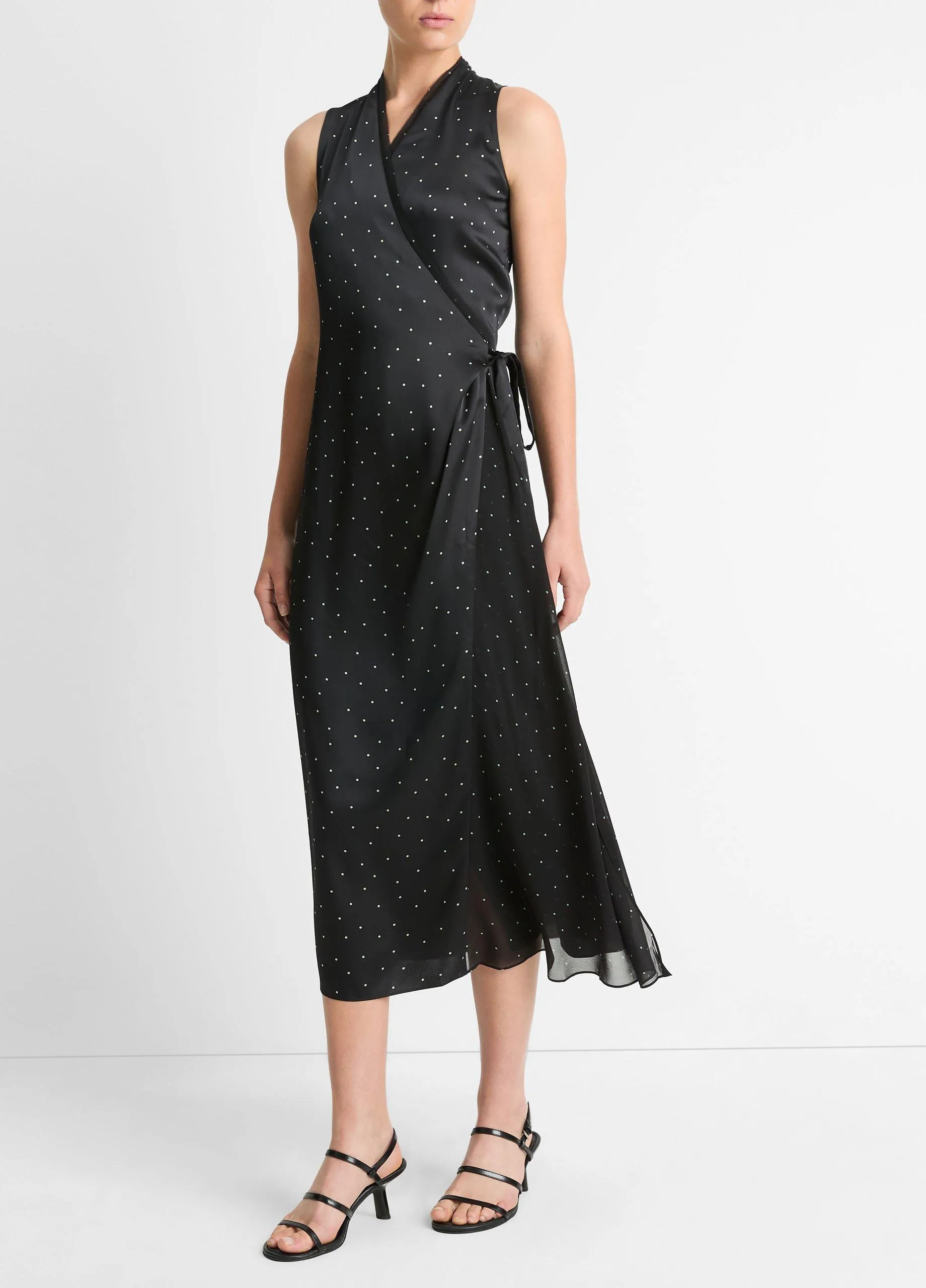 Dot-Print Paneled-Chiffon Wrap Dress