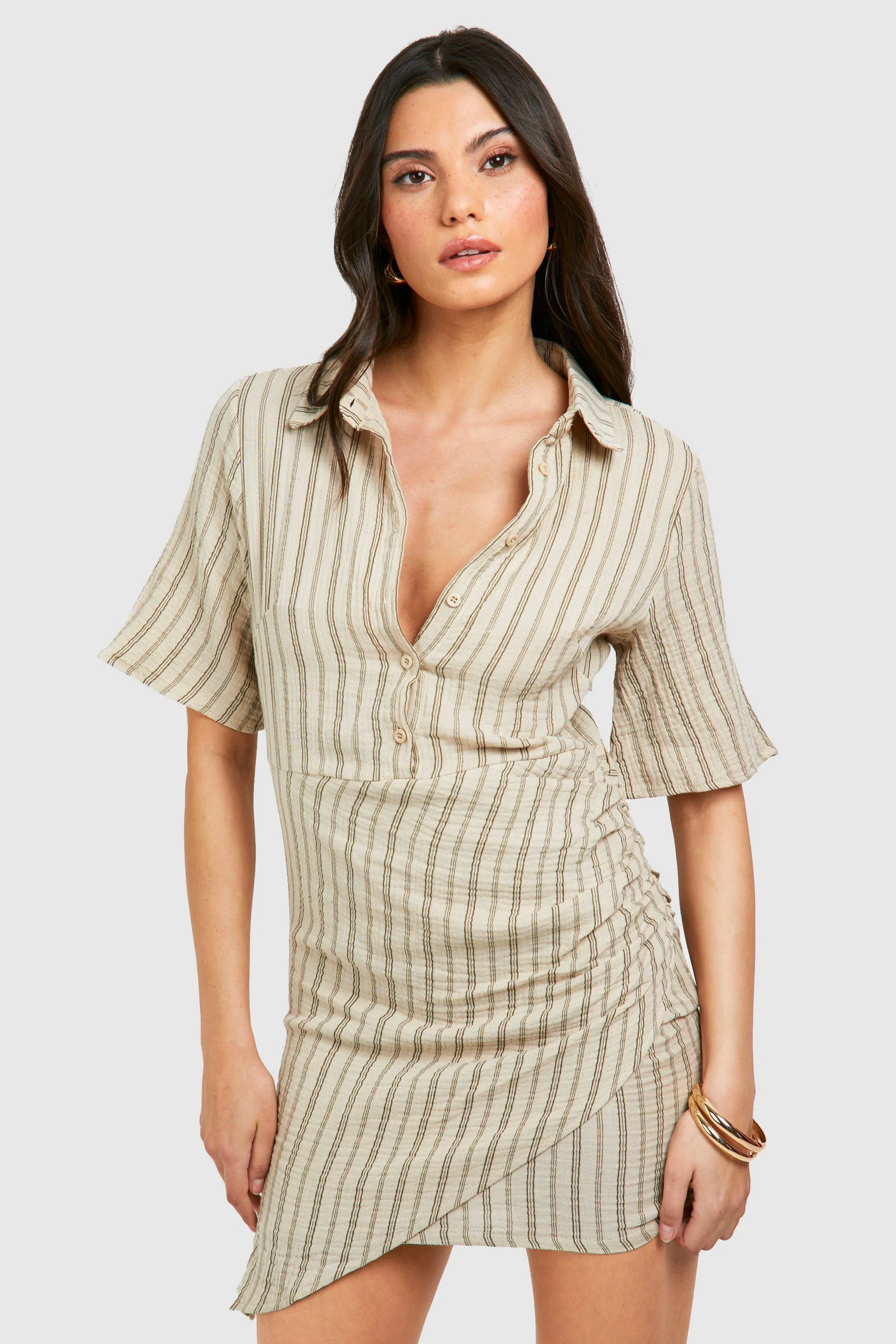 Dresses | Stripe Wrap Short Sleeve Shirt Dress | boohoo