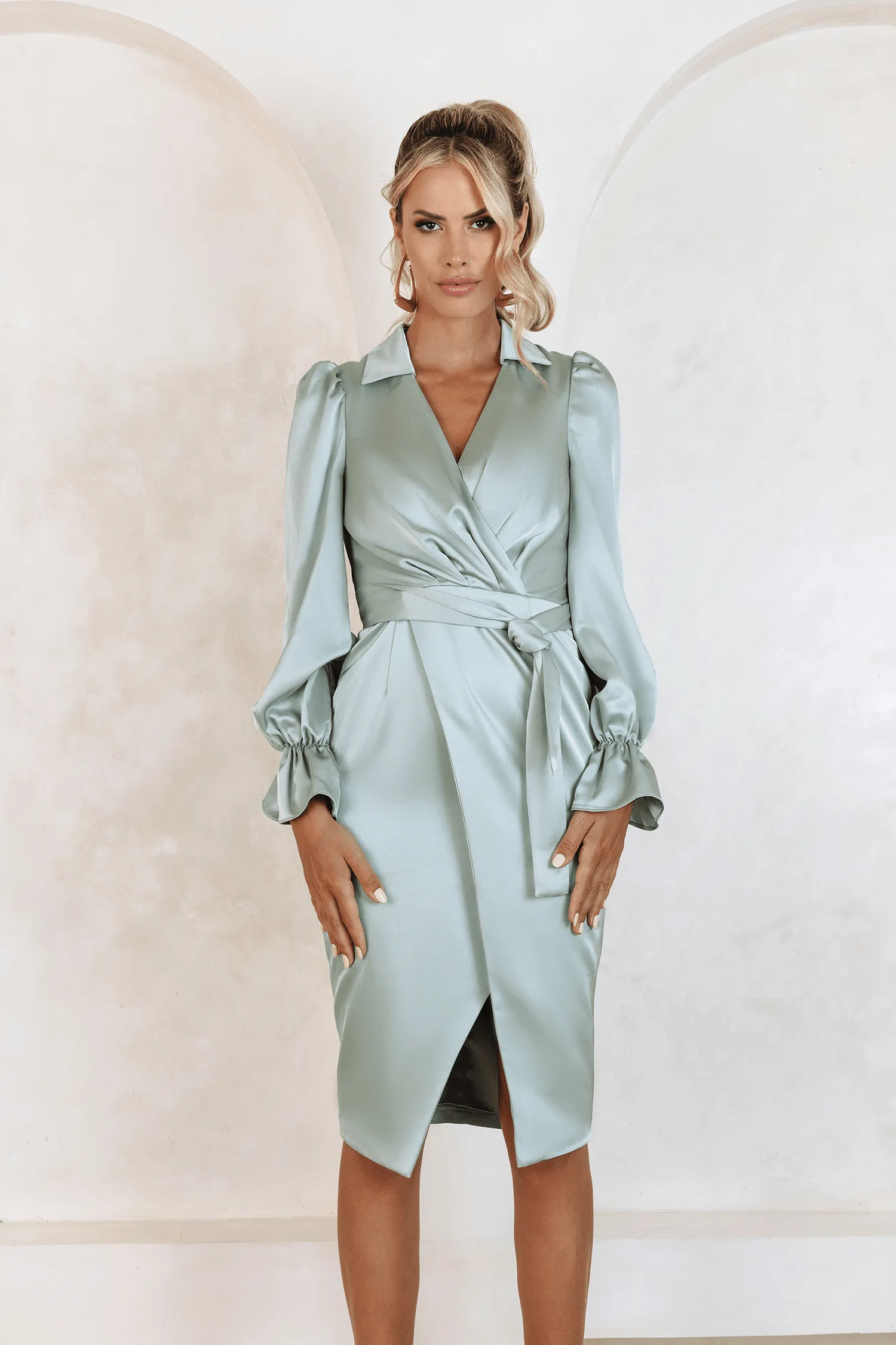 ELISE Satin Wrap Shirt Dress In Sage