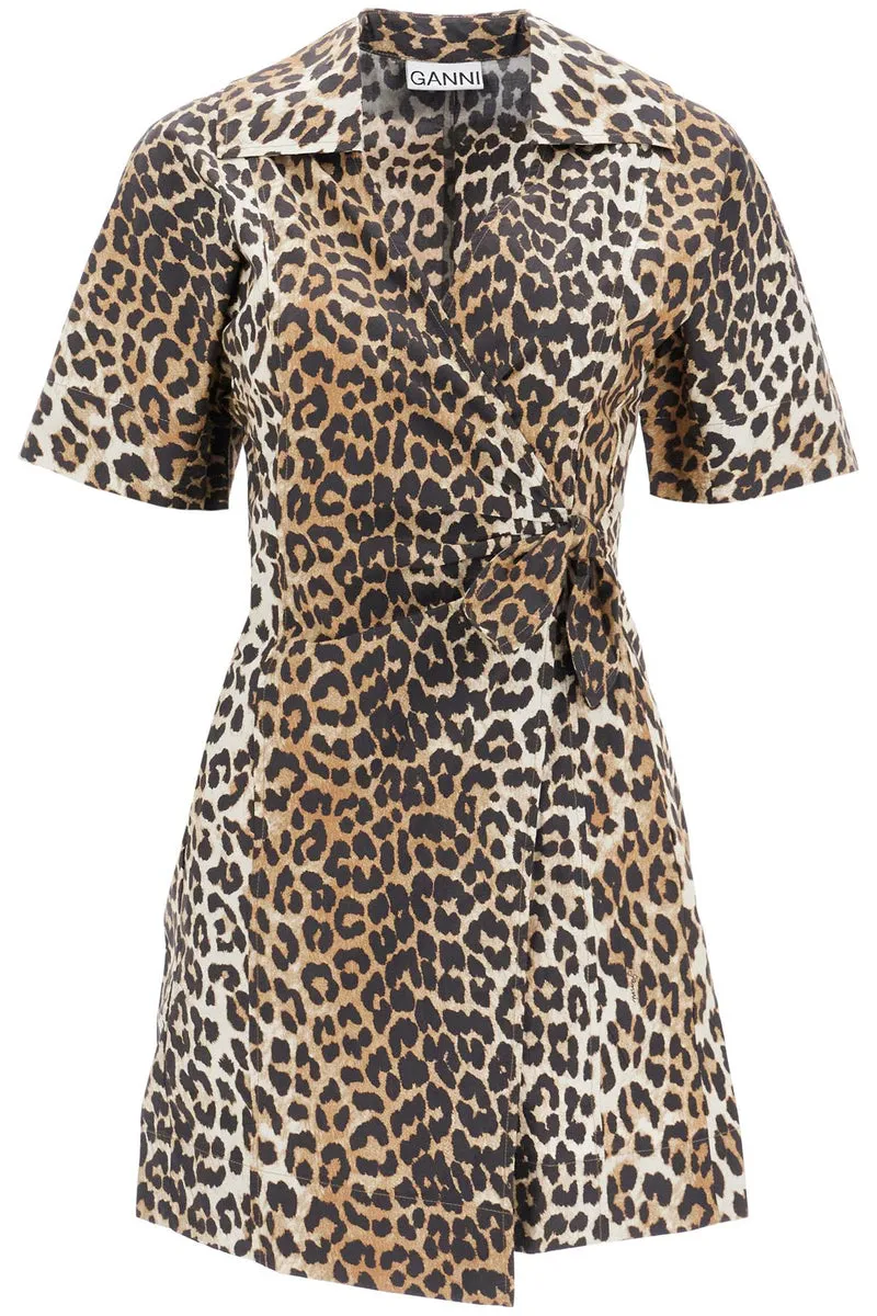 GANNI    Ganni Animal Print Poplin Wrap Mini Dress