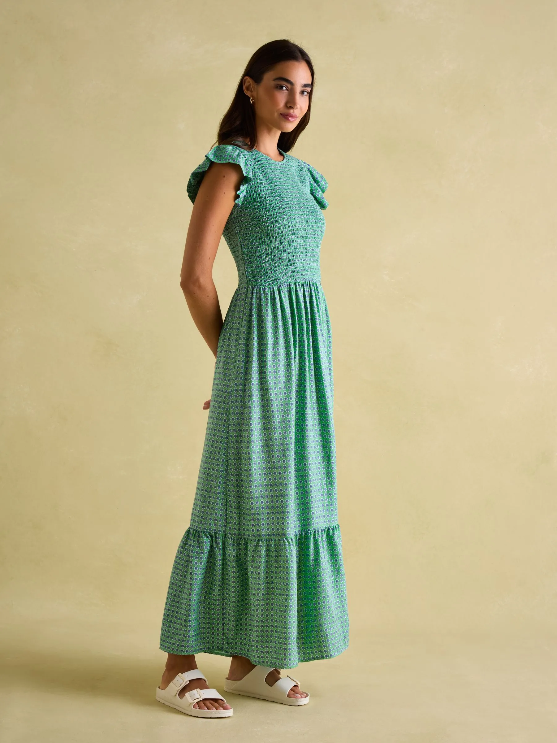 Green Shirred Dress