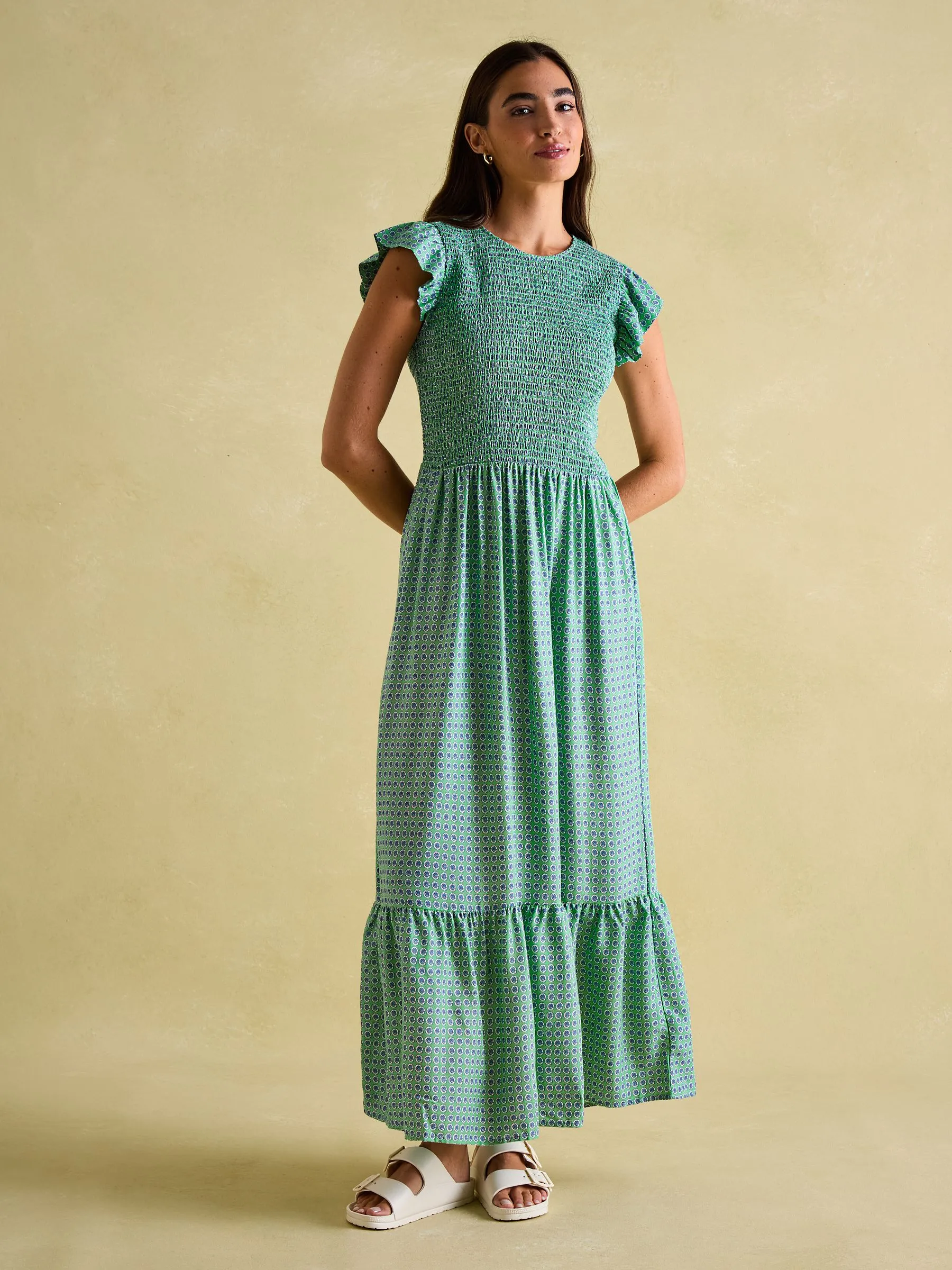 Green Shirred Dress