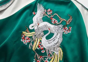 Green satin sports jacket for men with crane embroidery