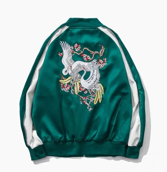 Green satin sports jacket for men with crane embroidery