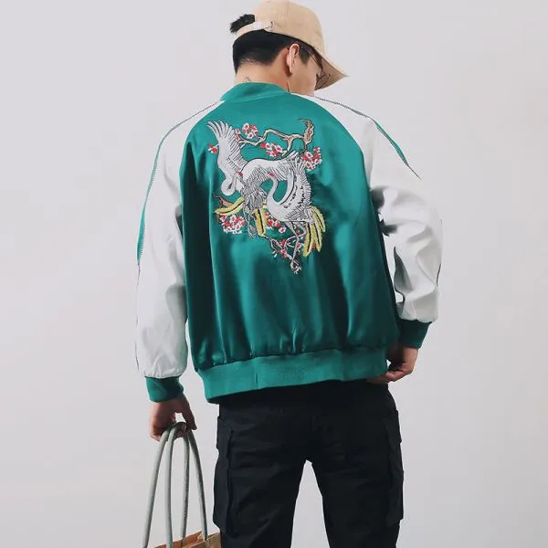 Green satin sports jacket for men with crane embroidery