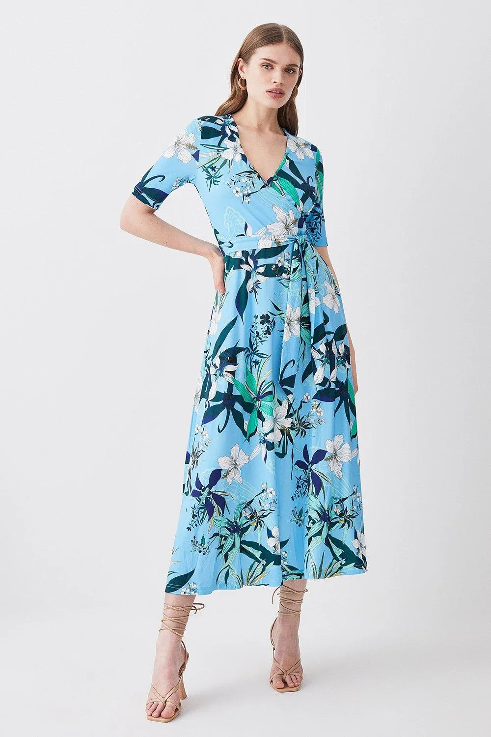 Half Sleeve Floral Printed Jersey Wrap Midi Dress | Karen Millen