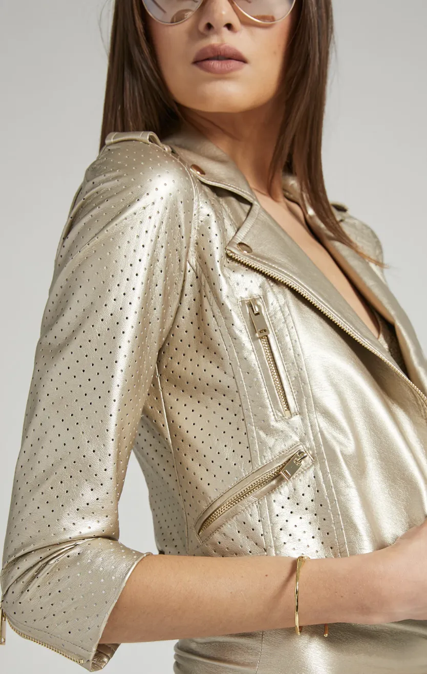 Kasey Perforated Vegan Leather Moto Jacket - Pale Gold