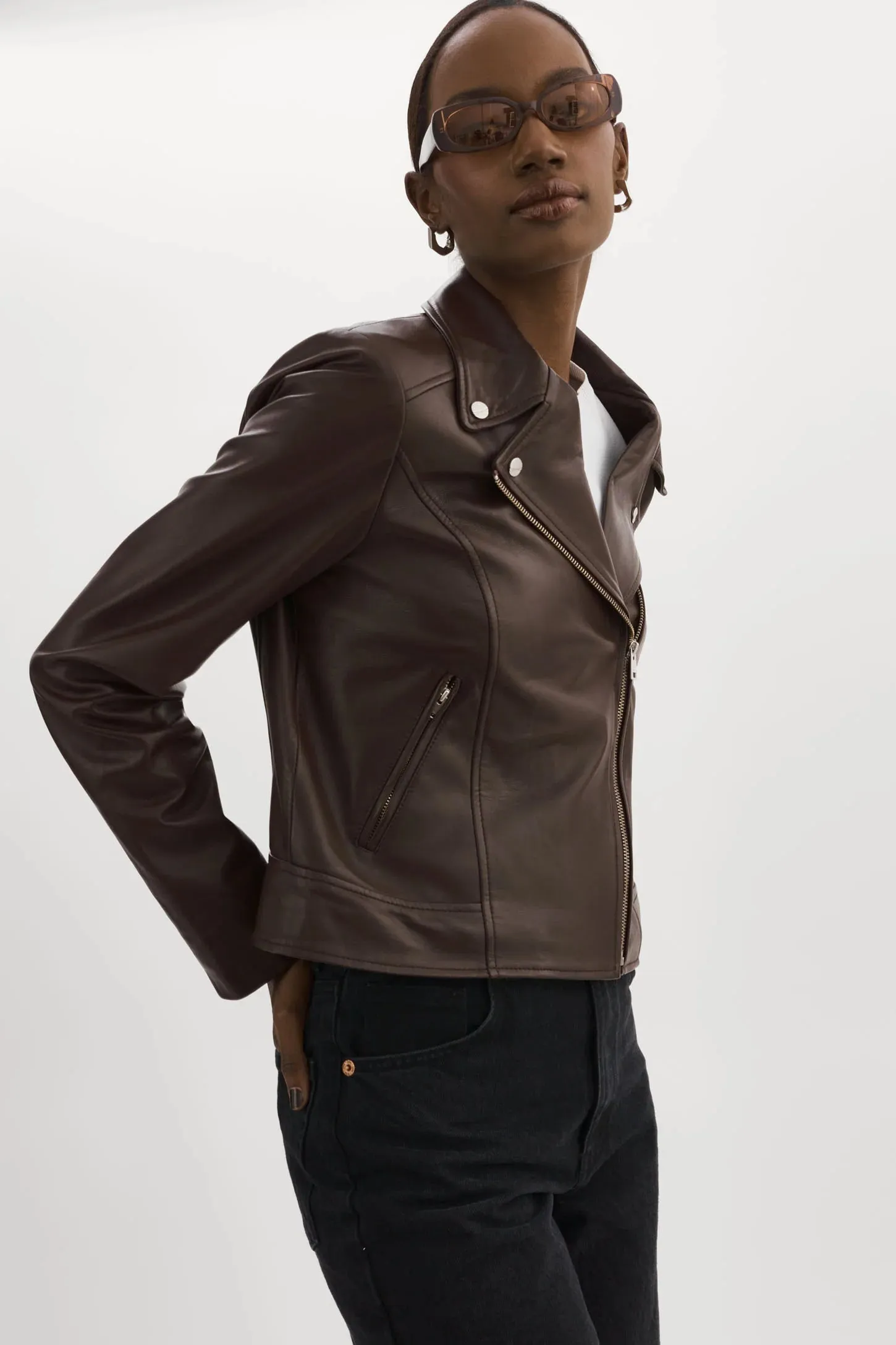 Kelsey Leather Biker Jacket - Mahogany