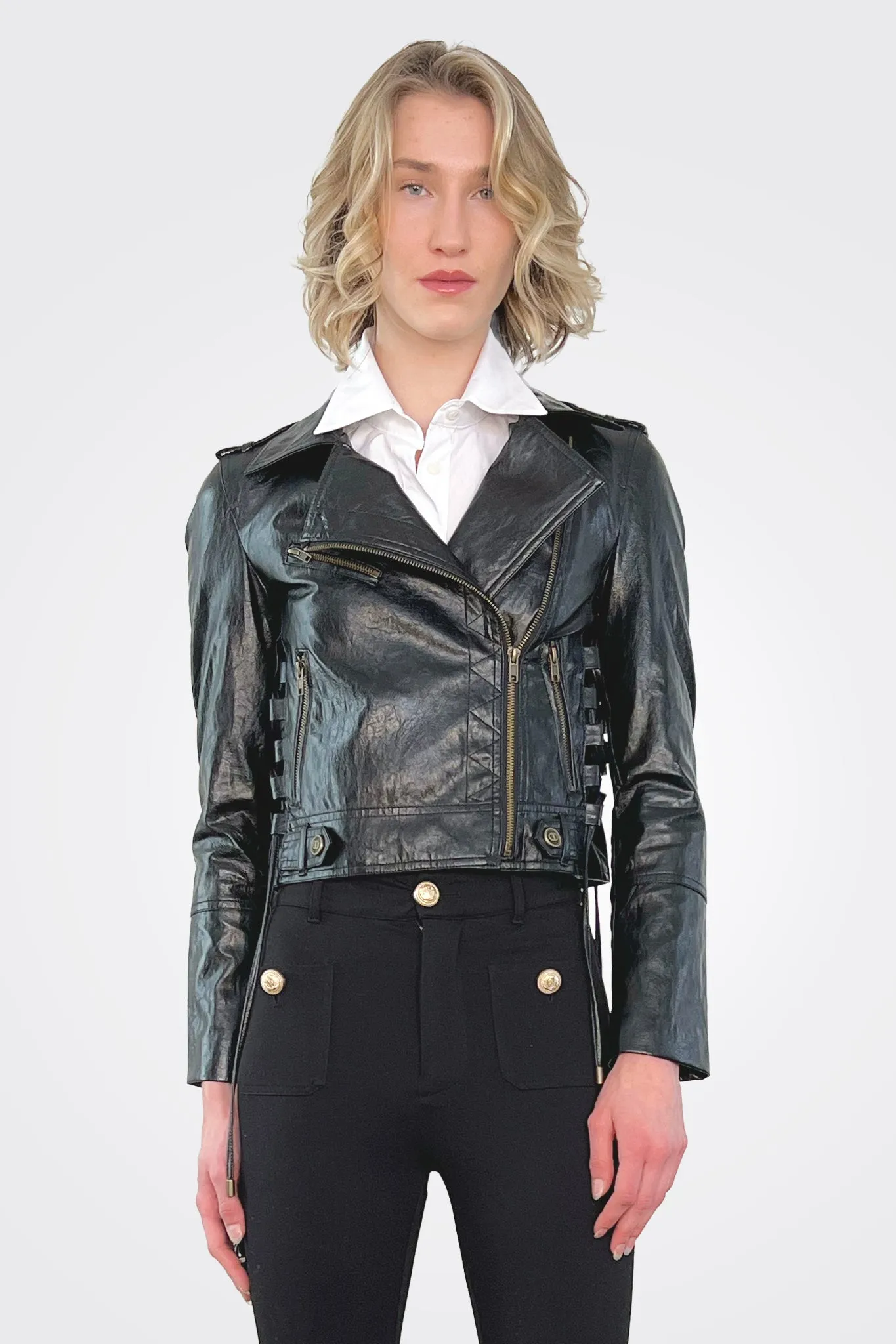 Leather-Like Biker Jacket - Black