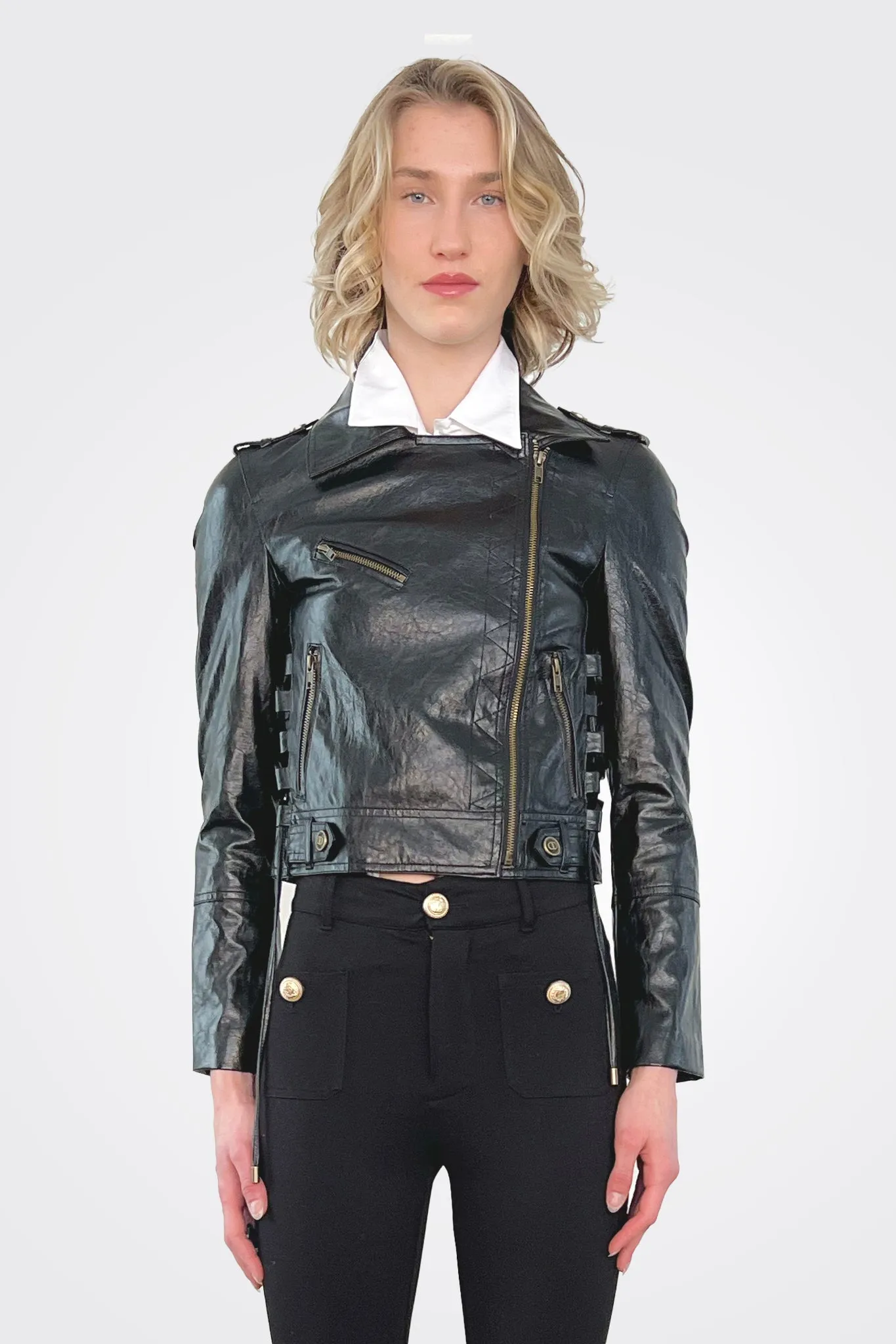 Leather-Like Biker Jacket - Black