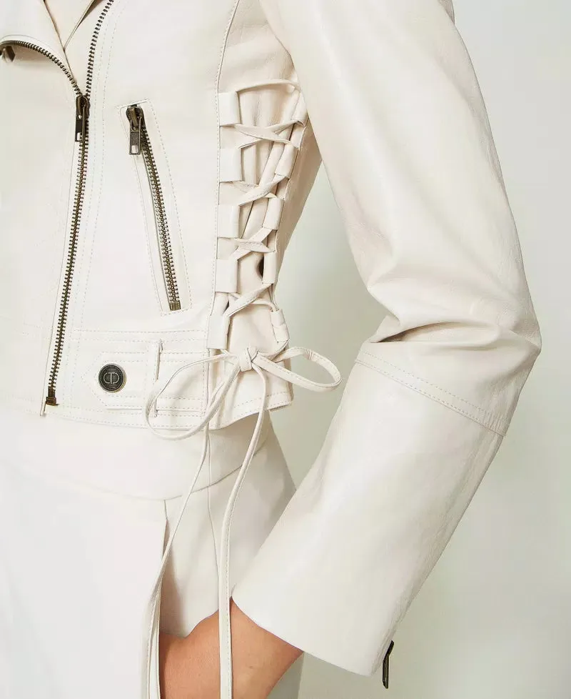 Leather-Like Biker Jacket - White Snow