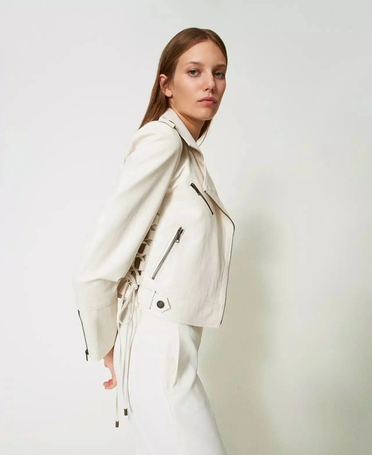 Leather-Like Biker Jacket - White Snow