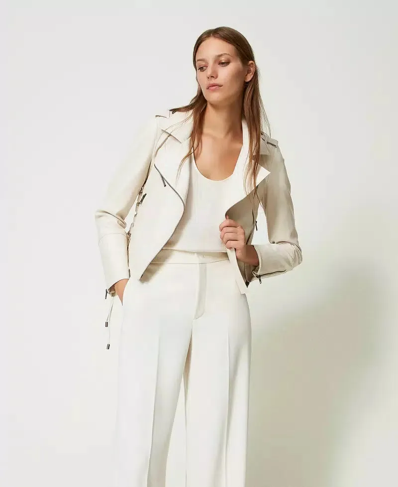 Leather-Like Biker Jacket - White Snow