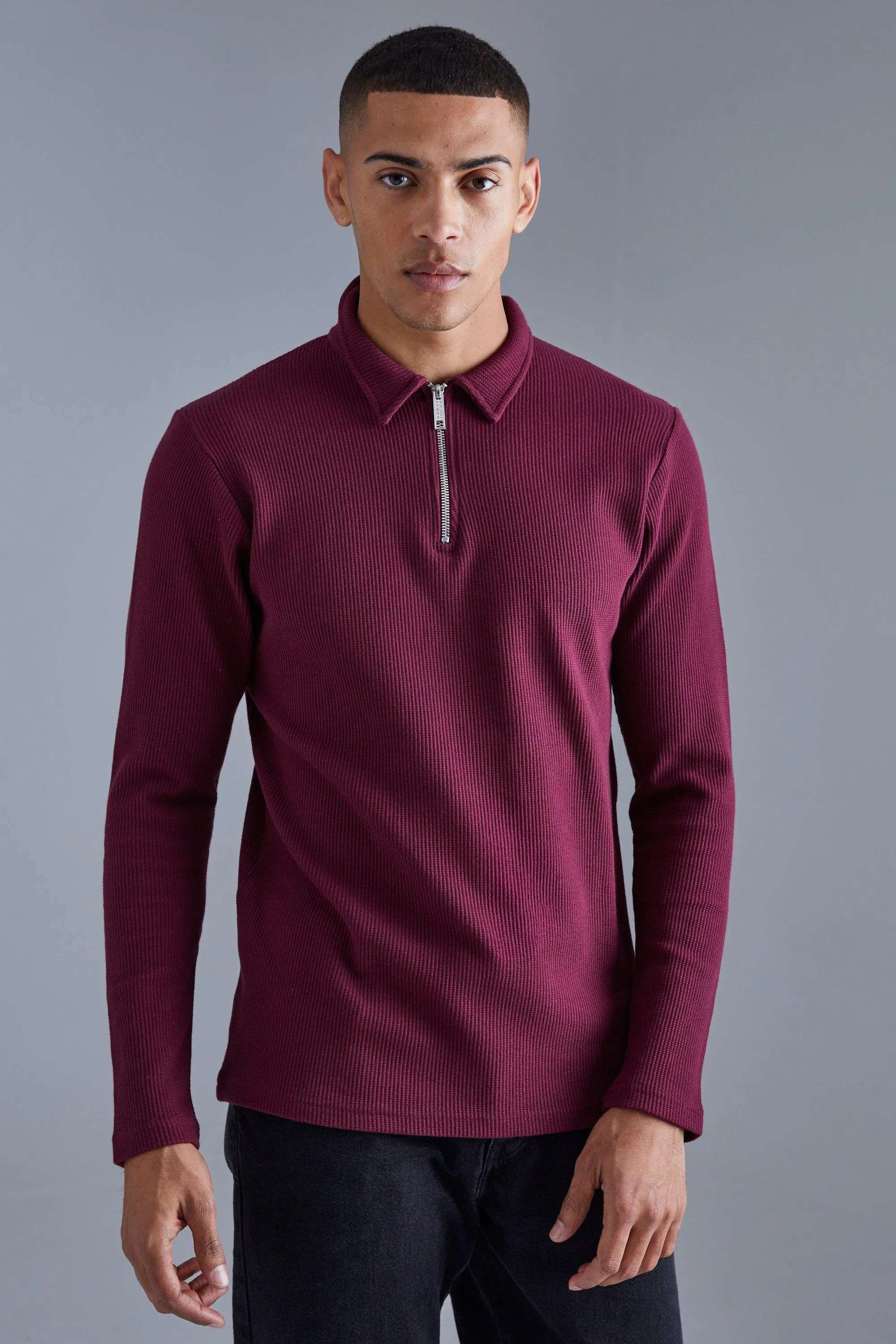 Long Sleeve Slim Fit Waffle Polo