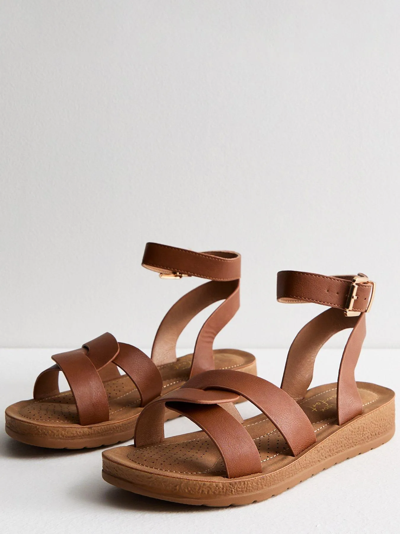 New Look Wide Fit Tan Leather-look 2 Part Footbed Sandals