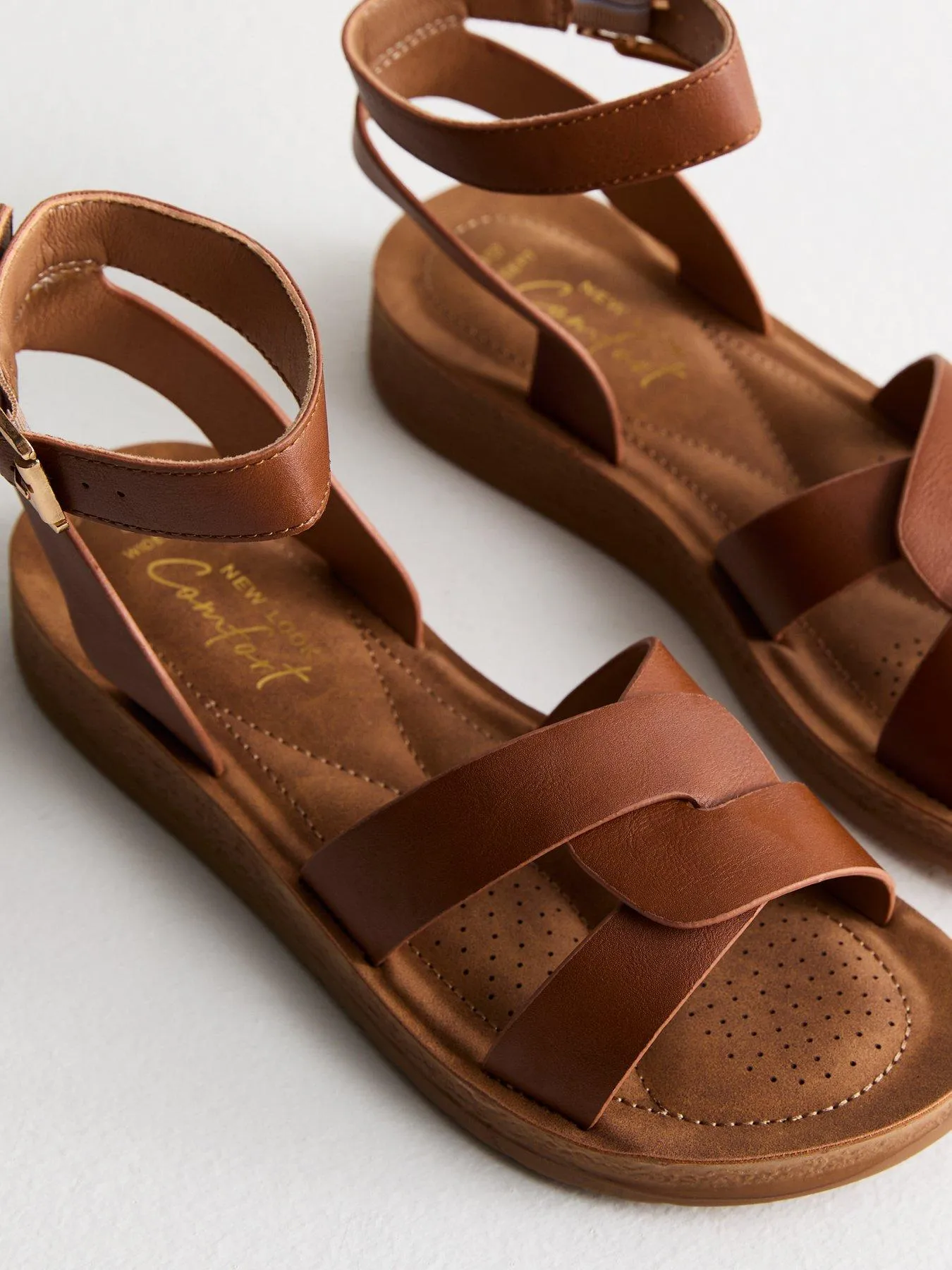 New Look Wide Fit Tan Leather-look 2 Part Footbed Sandals