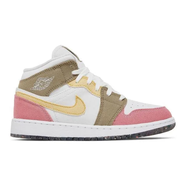 Nike air jordan 1 mid se gs (pastel grind/ white/ vivid green/ pink tan) big kids 3.5y-7y dj0338-100