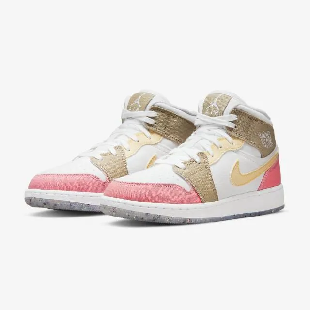 Nike air jordan 1 mid se gs (pastel grind/ white/ vivid green/ pink tan) big kids 3.5y-7y dj0338-100