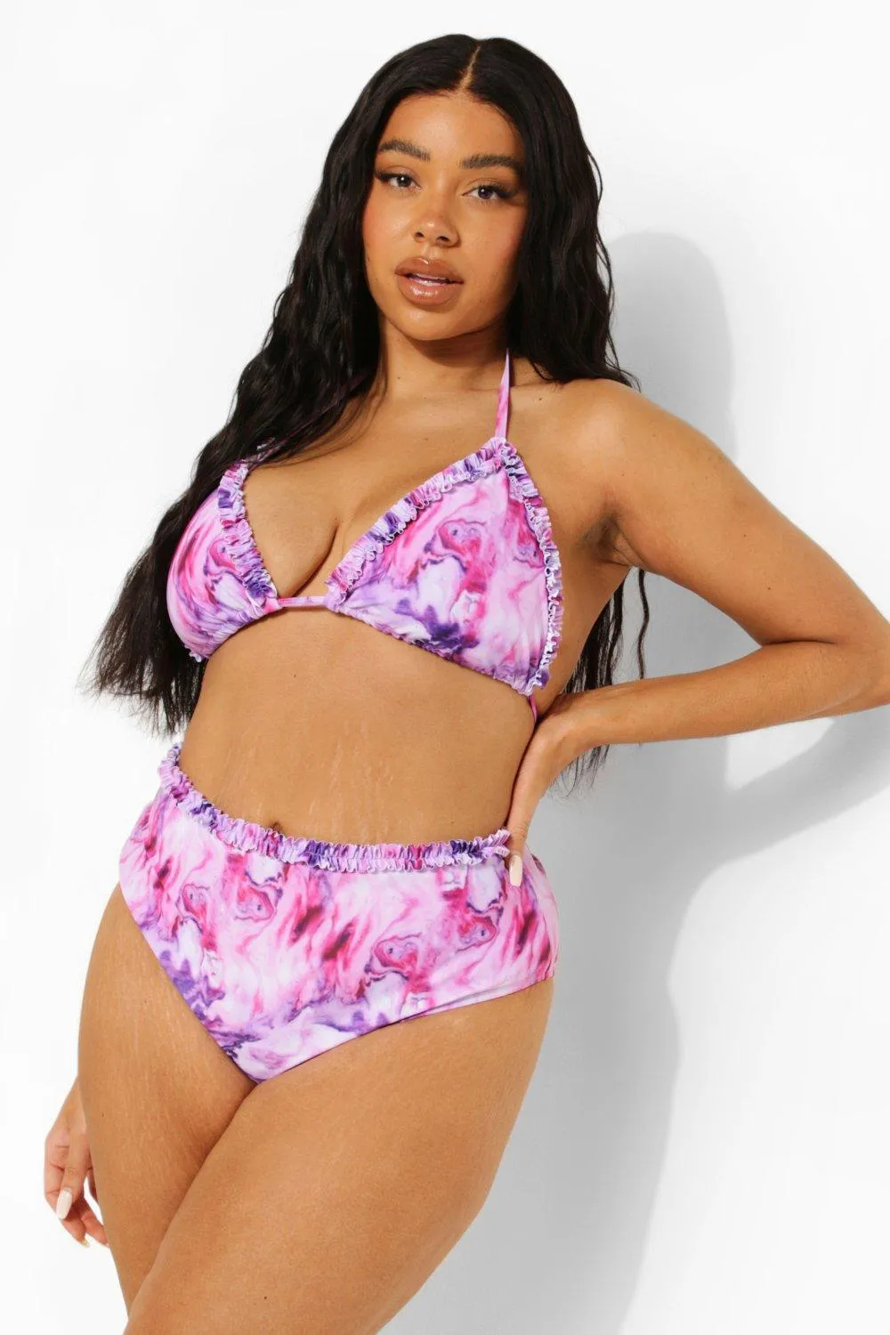 Plus Marble Print Ruffle High Waist Bikini