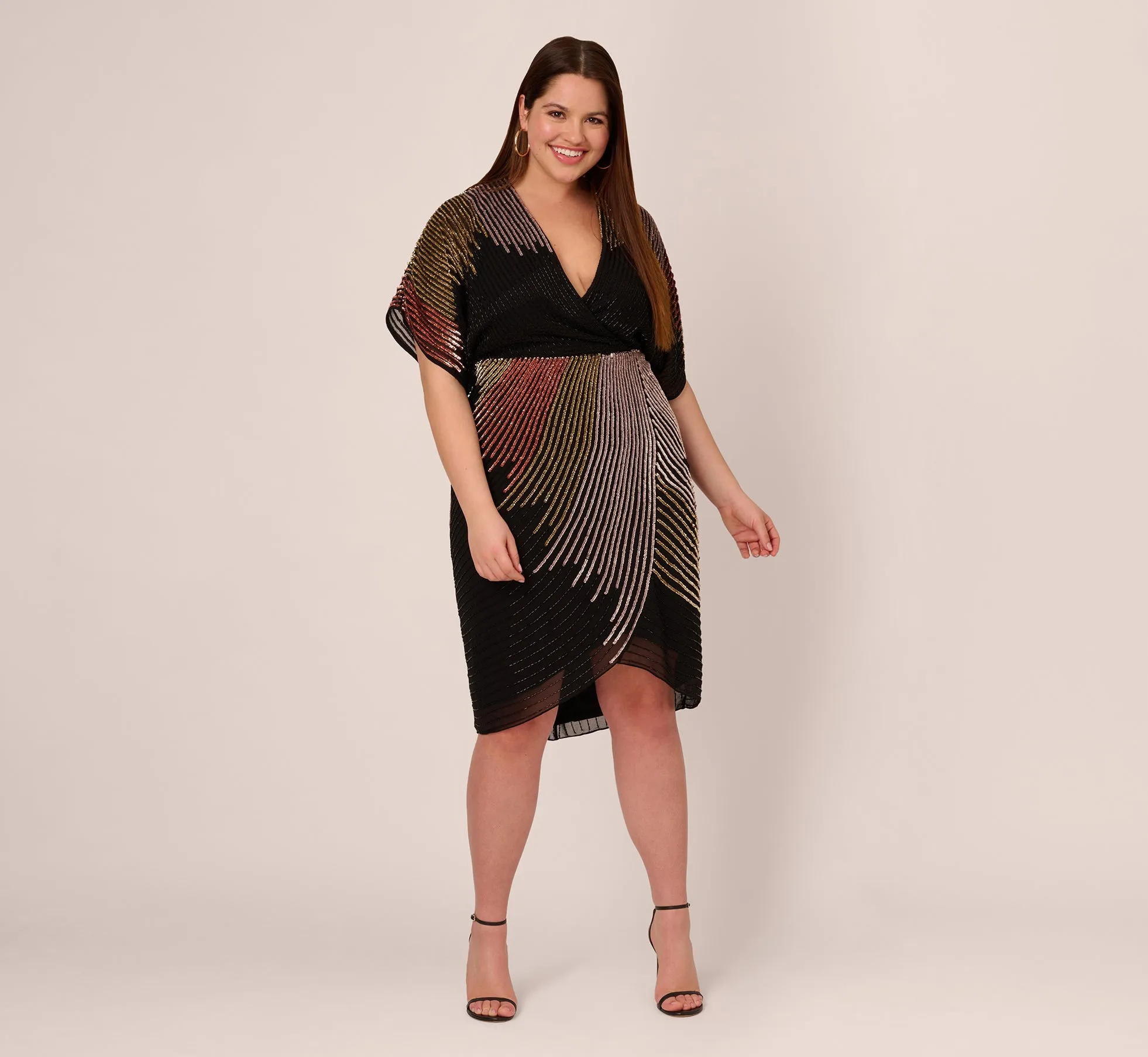 Plus Size Beaded Faux Wrap Dress With Dolman Sleeves In Black Bronze