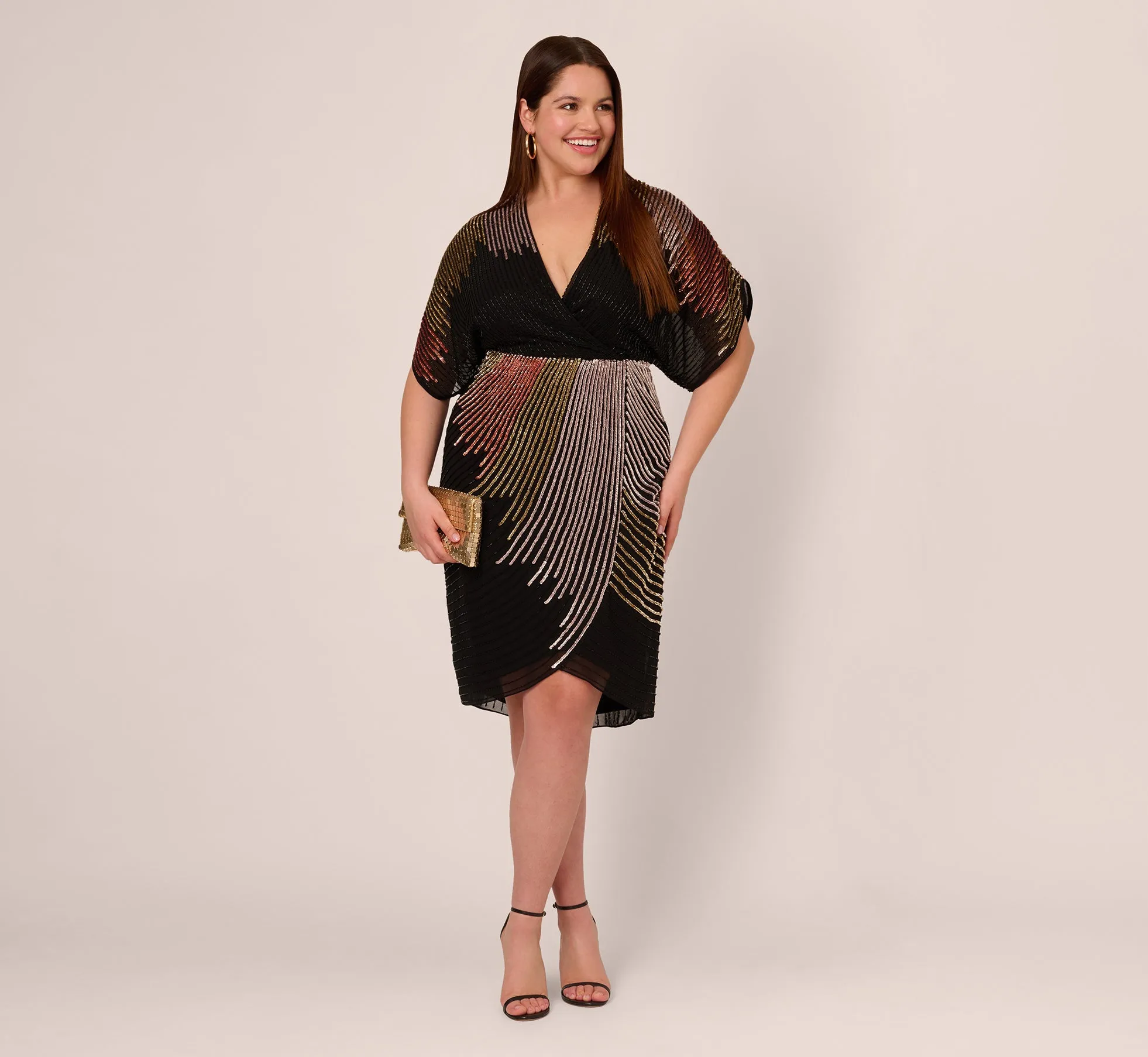 Plus Size Beaded Faux Wrap Dress With Dolman Sleeves In Black Bronze