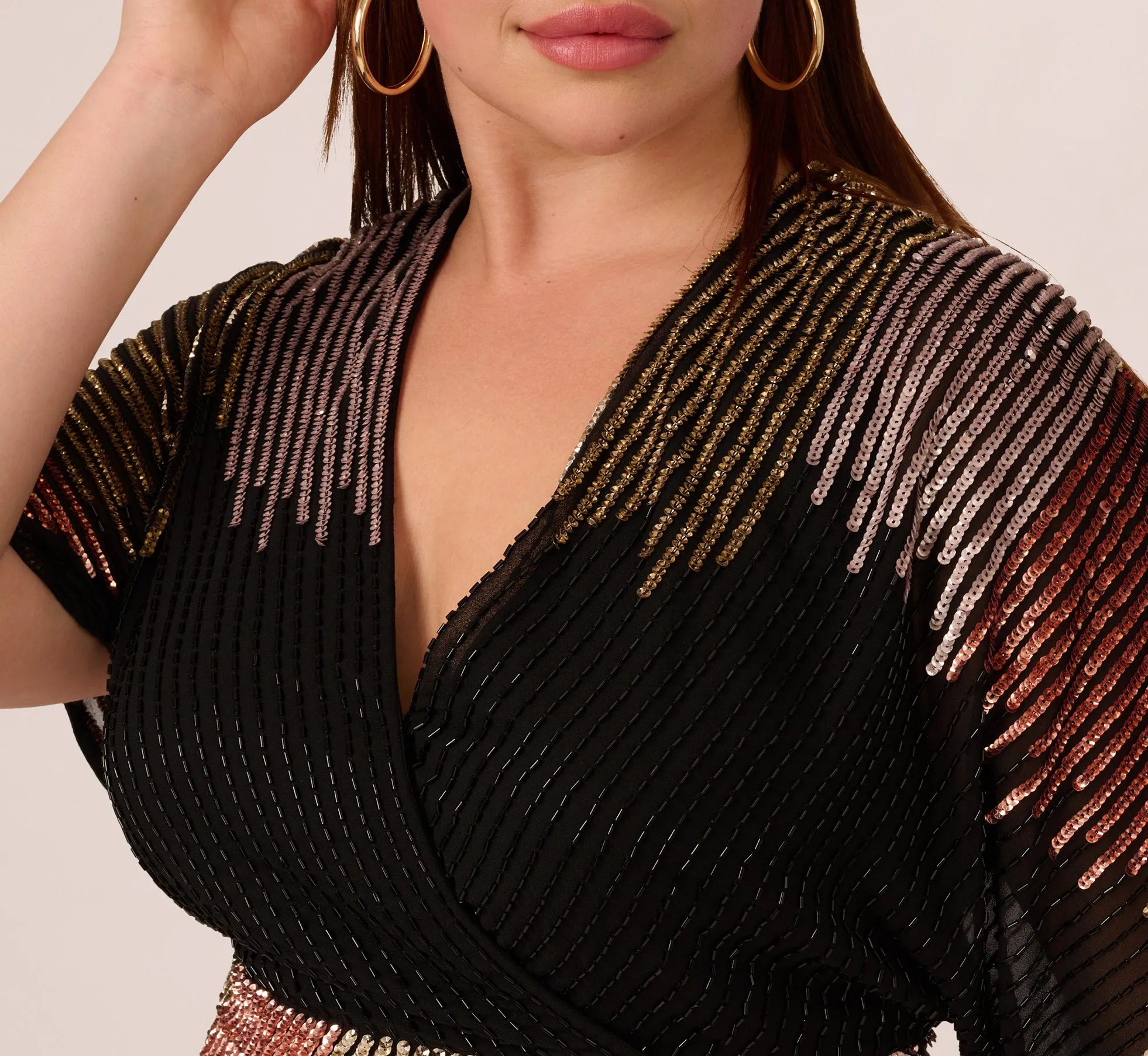 Plus Size Beaded Faux Wrap Dress With Dolman Sleeves In Black Bronze