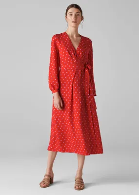 Red Maria Spot Silk Wrap Dress