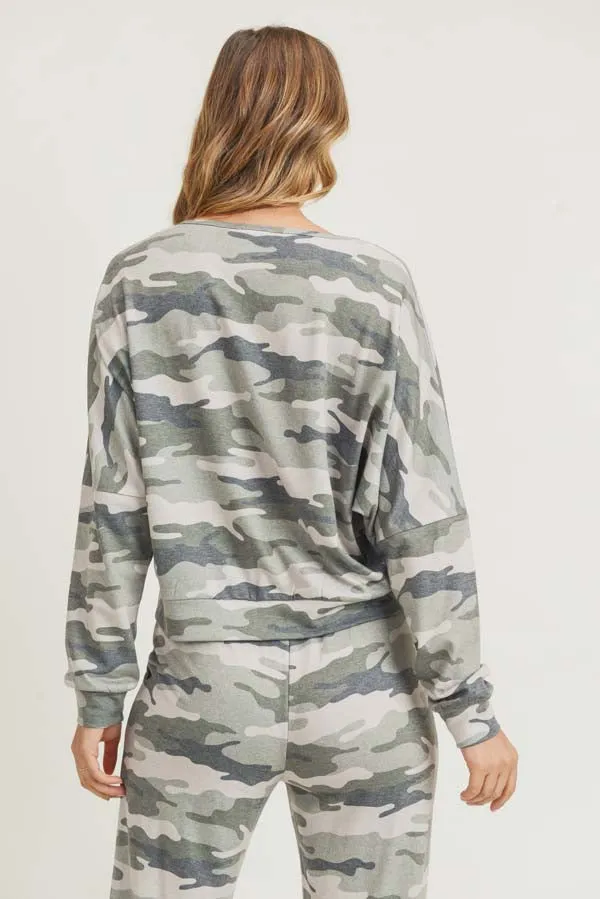 Relaxed Green Camo Print Pullover Top