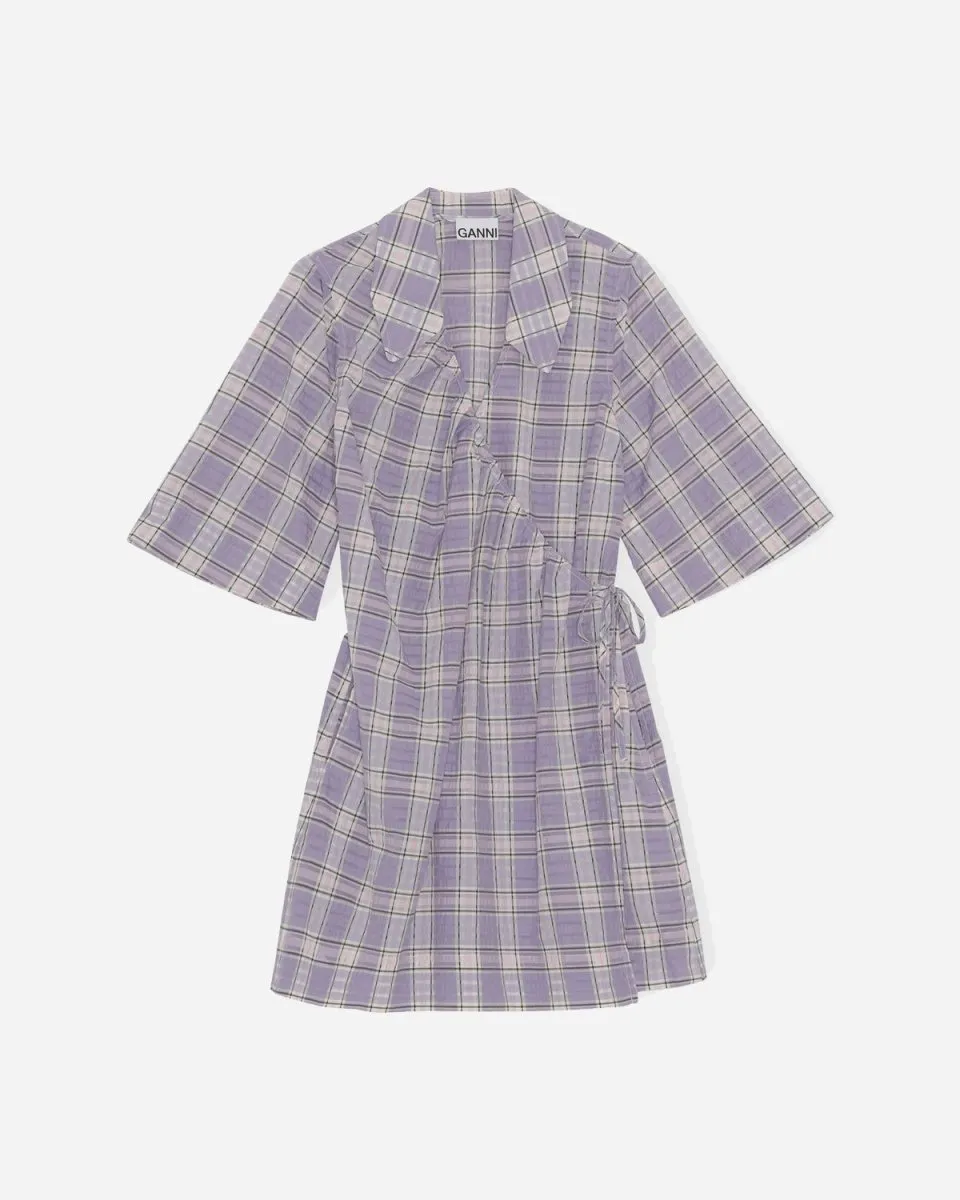 Seersucker Check Mini Wrap Dress - Check Persian Violet