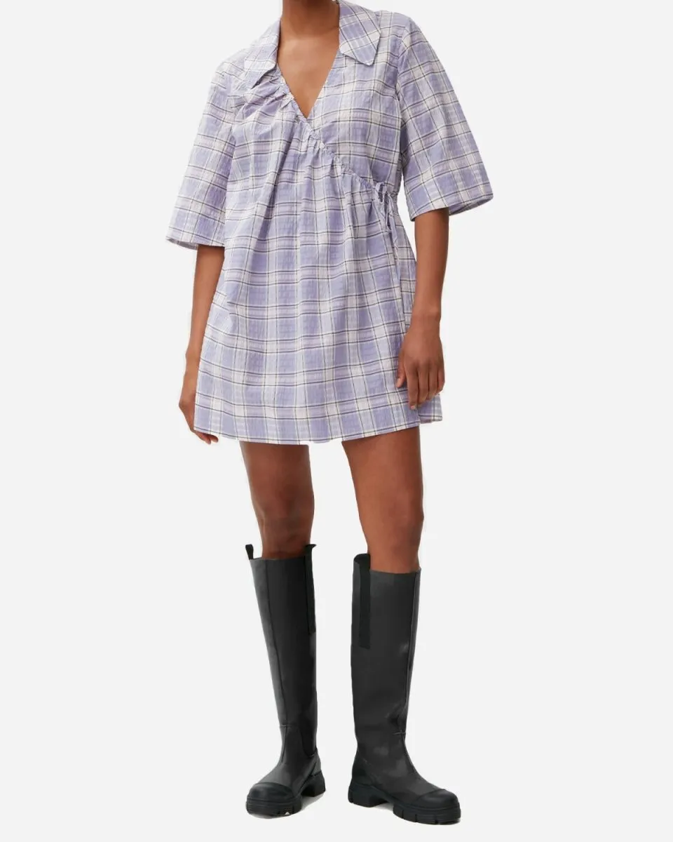 Seersucker Check Mini Wrap Dress - Check Persian Violet