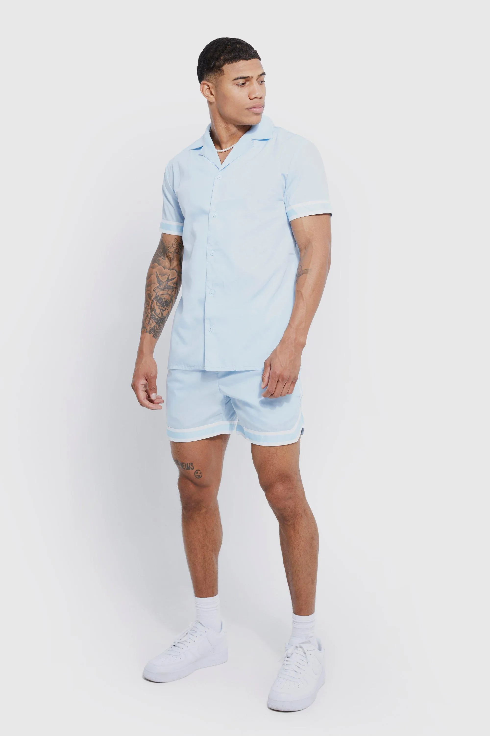 Short Sleeve Revere Tape Shirt & Short Set | boohooMAN UK