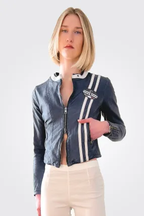 Striped Racer Leather Jacket - Navy