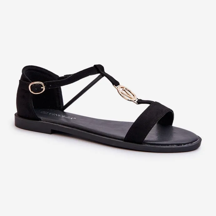 Women's Flat Sandals With Gold Decoration Vinceza 17321 Black